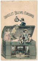 1906 Buziás-fürdő, Baile Buzias; József forrás. Montázs ládával és kisgyerekekkel, Kanton Miklós kiadása / mineral water spring. Art Nouveau montage with children (r)