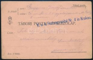 ~1917 Tábori posta levelezőlap "K.u.k. Festungsspital Nr. 4. in Krakau"