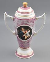 Remoan porcelánfestés: Kétfüles fedeles váza, matricás és kézzel festett díszítéssel, jelzéssel, kis kopással, m: 32 cm