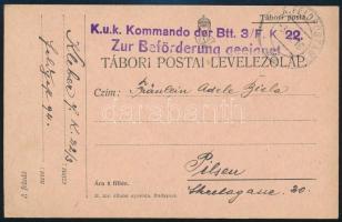 1916 Tábori posta levelezőlap "K.u.k. Kommando der Btt. 3/F. K. 22. Zur Beförderung geeignet&qu...