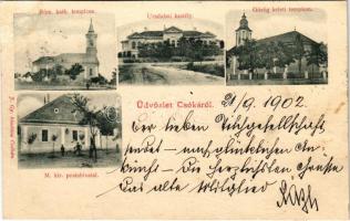 1902 Csóka, Coka (Torontál); Római katolikus és görögkeleti templom, Uradalmi kastély, M. kir. postahivatal / Roman Catholic and Greek Orthodox churches, castle, post office (r)