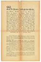 1848. december 2., I. Ferenc József olmützi kiáltványa trónra lépése alkalmából, amelyben elismeri a birodalmat sújtó nehézségeket (a forradalom miatt a &quot;béke és a rend a birodalom több részén felborult&quot;), és ezeknek megoldására alkotmányos reformokat ígér. Korabeli újság mellékleteként kiadva (&quot;Fremden-Blatt&quot; Nr. 332). Hajtva, a lap tetején a hajtás mentén beszakadással, 43,5x28 cm. / 1848 Proclamation of Emperor Franz Joseph I, published by a contemporary newspaper