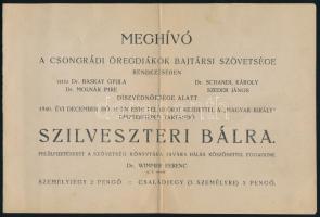 1940 Meghívó a Csongrádi Öregdiákok Bajtársi Szövetsége által rendezett szilveszteri bálra, a védnökök és rendezők névsorával. Csongrád, Bózvári-ny., 2 sztl. lev. Középen hajtott.