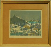 Török Endre (1926-1980): Szigliget, színezett fametszet, szignált, keretben 43x38 cm