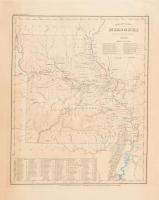 1860 Neueste Karte von Missouri / Map of Missouri (U.S.) / Missouri (Egyesült Államok) 1845-ben. Kézzel színezett, acélmetszetű térkép. Meyer's Handatlas No. 68. Aus der Geographischen Graviranstalt des Bibliographischen Instituts zu Hildburghausen, Amsterdam, Paris u. Philadelphia, [1860]. Lapszéli sérülésekkel, ragasztásokkal javítva, 45,5x36,5 cm