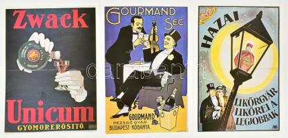 3 db reprint plakát: Zwack Unicum, Gourmand pezsgő, Hazai Likőrgyár, 34x24 cm
