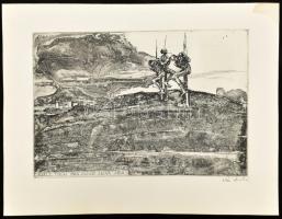 Váci András (1928-1989): Kiált Tokaj vára. Rézkarc, papír, jelzett, sarkán kis folttal, 20x29 cm