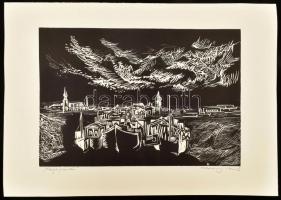 Klossy Irén (1943-): Bajai hajójavító. Linómetszet, papír, jelzett, 20x30 cm