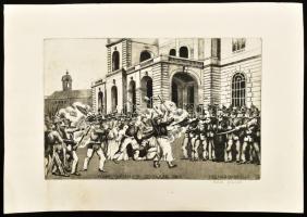 Molnár Gabriella (1940-): Hódmezővásárhelyi zendülés. Rézkarc, papír, jelzett, foltos, 20x29 cm