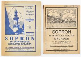 Thirring Gusztáv-Heimler Károly: Sopron és környékének részletes kalauza. Bp., 1921, Turistaság és Alpinizmus, 1 (címkép) t. + 50 p.+11 (korabeli reklámok) sztl. lev. +1 (Sopron város kihajtható térképe) t. Korabeli reklámokkal. Fekete-fehér illusztrációkkal. Kiadói papírkötés, a gerincen kis szakadással, a címlapon és a borítón bejegyzésekkel, de alapvetően jó állapotban. + Thirring Gusztáv-Heimler Károly: Sopron és környékének részletes kalauza. Dr. Thirring - Dr. Vigyázó: Részletes helyi kalauzok 6. Bp., 1935, Turistaság és Alpinizmus, 1 (kihajtható térkép) t. + 64 p.+1 (kihajtható térkép) t. Negyedik kiadás. Kiadói papírkötés, a borító gerince javított, a könyvtest elvált a borítótól.