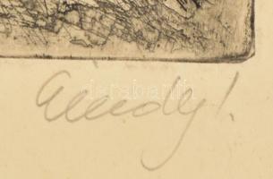 Élesdy István (1912-1987): Falusi utca szekérrel. Rézkarc, papír, jelzet, kissé hullámos, 29x39 cm