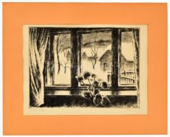 Kórusz József (1927-2010): Ablak télen. Rézkarc, papír, jelzett, 24x34 cm