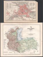 2 db Sopron térkép a Pallas Nagy Lexikonából: 1897 Sopron vármegye térképe. Tervezte: Gönczy Pál. 1 : 380.000. Bp., Posner Károly Lajos és Fia, 24x30 cm + Sopron város térképe, 1 : 15.600, egyik széle kissé sérült, 15,5x24 cm