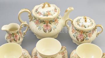 Zsolnay virágmintás teás készlet, 6 személyes, kézzel festett, jelzett, hibátlan