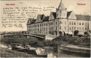 1907 Temesvár, Timisoara; Béga részlet, híd, Arany Horgony palota kávéház, uszályok / Bega riverside, bridge, palace cafe, barges (EK)