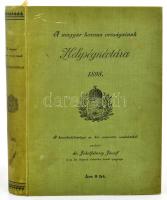 1898 A Magyar Korona Országainak helységnévtára. 1898. A kereskedelemügyi m. kir. miniszter rendeletéből szerk. Dr. Jekelfalussy József. Bp., 1898, Pesti Könyvnyomda, 1 (Jelek és rövidítések magyarázata) sztl. lev.+IX+2+1038+2 p.+1(Jelek és rövidítések magyarázata) sztl. lev.+40 (hirdetések) sztl. lev. Izgalmas korabeli hirdetésekkel, közte Róth Miksa Üvegfestészeti Műtermének reklámjával. Kiadói egészvászon-kötés, márványozott lapélekkel, kissé kopott borítóval, az elülső szennylap kijár és sérült a hátsó szennylap hiányzik.