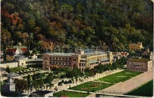 1915 Herkulesfürdő, Baile Herculane; A fürdő központja, Rezső udvar/ Mittelpunkt / spa, bath, hotel, general view + "ORSOVA - BUDAPEST 75. SZ. D" vasúti mozgóposta bélyegző (EK)