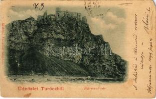 1899 (Vorläufer) Sztrecsnó, Sztrecsény, Strecno (Tátra, Tatry); A Vág völgye. Sztrecsnó vára Zsolna mellett. Moskóczi Ferencné kiadása / Povazie / Das Waagtal / Váh riverside, castle ruins (EM)