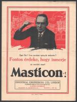 cca 1928 Masticon-Fexolac asbestpép és impregnáló anyag, képes reklámprospektus. Bp., Kunossy Rt.-ny., 2 sztl. lev. Hajtva, kis lapszéli szakadással, 31,5x23,5 cm