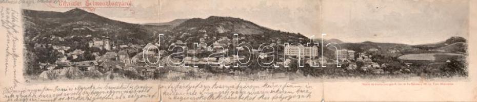 1901 Selmecbánya, Schemnitz, Banská Stiavnica; 3-részes kihajtható panorámalap. Nyom. és kiadta Joerges Á. özv. és fia 55. sz. / 3-tiled folding panoramacard (hajtásnál szakadt / torn at fold)