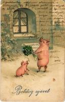 Boldog Újévet / New Year greeting art postcard with singing pigs. HWB Ser. 2122. (lyukak / pinholes)