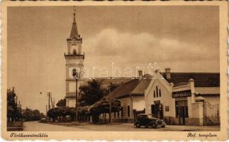 1944 Törökszentmiklós, Református templom, üzlet, automobil (EK)