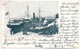 1898 (Vorläufer) Pola, Pula; Sbarco delle I.R. Truppe da Candia / Cs. és kir. katonák indulnak hajóval Candia felé / K.u.K. Austro-Hungarian military troops leaving to Candia (EK)