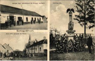 1927 Somogysámson, megkoszorúzott Hősök szobra emlékmű, Római katolikus templom és iskola, Községi vendéglő, Hangya szövetkezet üzlete. Kálmán fényképész (ragasztónyom / glue marks)