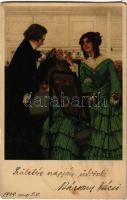 1909 Lady art postcard, romantic couple. M. Munk Vienne Nr. 291. litho s: Anna Whelan Betts (EK)