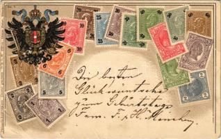 Set of Austrian, Austro-Hungarian stamps. Philatelie-Ansichtskarte No. 5. Ottmar Zieher Emb. litho (lyukak / pinholes)