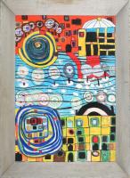 Jelzés nélkül, XX. sz vége/XXI sz. eleje (Hundertwasser után?): Kavalkád. Vegyes technika, papír, farostra kasírozva, fakeretben, 50x35 cm