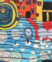 Jelzés nélkül, XX. sz vége/XXI sz. eleje (Hundertwasser után?): Kavalkád. Vegyes technika, papír, fa...