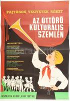 1966 Bánhegyi Tibor (1923-): Pajtások vegyetek részt az úttörő kulturális szemlén, retro szocialista plakát, ofszet, papír, lapszéli szakadásokkal, hajtásnyomokkal, 82x56 cm