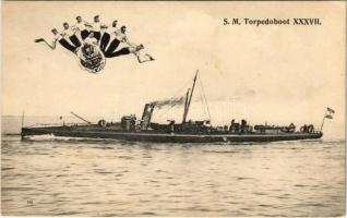 K.u.K. Kriegsmarine S.M. Torpedoboot 37 (ex Würger) / Cs. és kir. haditengerészet SM Tb XXXVII torpedónaszádja. Montázs matrózokkal címeren / Austro-Hungarian Navy SM Tb XXXVII torpedo boat. G. Fano Pola 1908-09. 33.