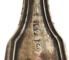 Antik merőkanál, jelzett, kopott, monogramos, h: 32 cm