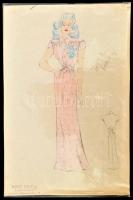 Radó Zsuzsa divattervező, működött a XX. sz. közepén: Rószaszín ruhaterv, 1940 k.. Ceruza, akvarell,...