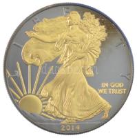 Amerikai Egyesült Államok 2014. 1$ Ag "Ezüst Sas" ruténiummal és arannyal színezett, dísztokban, tanúsítvánnyal T:UNC patina USA 2014. 1 Dollar Ag "Silver Eagle" colored with Ruthenium and partially gilt, in display case with certificate C:UNC patina