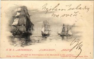 1898 (Vorläufer) K.u.K. Kriegsmarine S.M.S. Arthemisia (Artemisia), Camäleon und Bravo. Brigg - Ein Theil des Reinerträgnisses ist der Marinerkirche in Pola gewidmet - Alois Ebeseder / SMS ARTHEMISIA, CAMALEON és BRAVO cs. és kir. haditengerészeti kisegítő hajók / Austro-Hungarian Navy ancillary ships. Alois Beer Klagenfurt photo