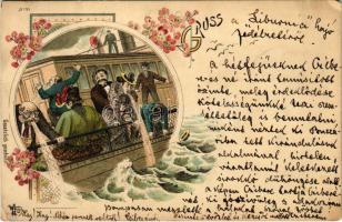 1899 (Vorläufer) Gruss... Art postcard with seasick, vomiting passengers on board of a steamship, humour. O.Z.M. No. 21. Art Nouveau, floral, litho (r)