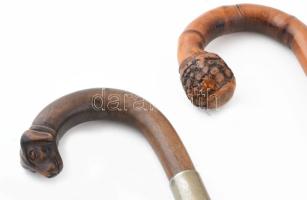 2 darab antik fa sétabot, faragott gomb és vizsla fejekkel, kopott, h: 85-90 cm