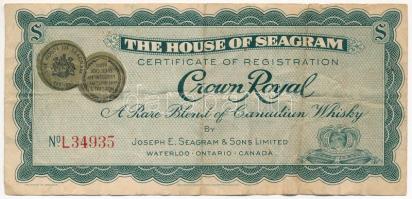 Kanada ~1960. The House of Seagram - Crown Royal kanadai whisky igazolás. A kanadai bankjegynyomdában készült (Canadian Bank Note Company Limited) T:F Canada ~1960. The House of Seagram - Crown Royal kanadai whisky certificate of registration. Made in the Canadian Bank Note Company Limited C:F
