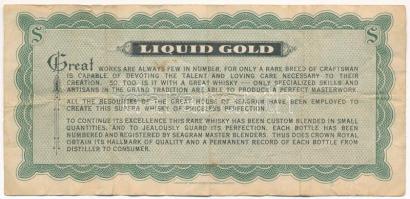 Kanada ~1960. "The House of Seagram - Crown Royal kanadai whisky" igazolás. A kanadai bank...