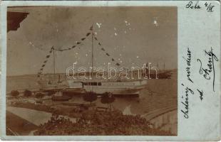 1906 Pola, K.u.K. Kriegsmarine S.M.S. Alpha (ex Greif II) Torpedoschulschiff / SMS ALPHA (Alfa) cs. és kir. haditengerészeti torpedó iskolahajó / Austro-Hungarian Navy torpedo school ship. photo (EK)