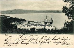 1904 Pola, Fisella, K.u.K. Kriegsmarine S.M.S. Alpha (ex Greif II) Torpedoschulschiff und SMS Spalato / SMS ALPHA (Alfa) cs. és kir. haditengerészeti torpedó iskolahajó és mellette SMS Spalato / Austro-Hungarian Navy torpedo school ship. M. Clapis Pola 1670.