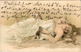 1907 Gently erotic lady art postcard with cats. litho (EK)