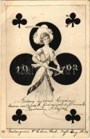 1901 Boldog Újévet / New Year greeting art postcard, lady with crossbow, clovers (EK)