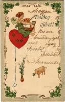 1905 Boldog Újévet / New Year greeting art postcard with pig, fairy and clovers. Art Nouveau, Emb. litho (EK)