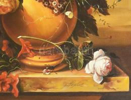 Hegedűs Sándor (?-): Virágcsendélet. Olaj, farost. Jelzett. Dekoratív keretben. 50x40 cm