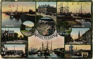 1910 Grimsby, Royal Dock, Alexandra Dock, Herring Slip, Packing Herrings, Pontoon, River Freshney, Royal Hotel, Freeman Street, Old Market Place, Parish Church and Bridge, The Park (worn corners)