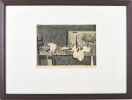 Kádár György (1912-2002): Csendélet. Rézkarc, papír, jelzett. Üvegezett fakeretben. 20x28,5 cm